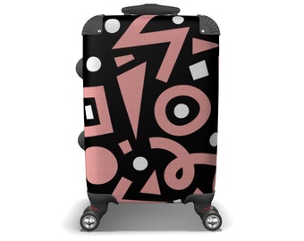 Geometric Suitcase, Black and Pink Rolling Luggage, Travel Carry on Bag, Weekender bag, Persnalized Travel Gift for Her