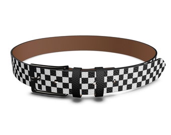 Checkered Mens Leather Belt, Handmade Black and White Leather Belt, by Melsinki, Birthday Gift for Men