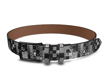 Geometric Print Leather Belt: Handmade Black and White Belt