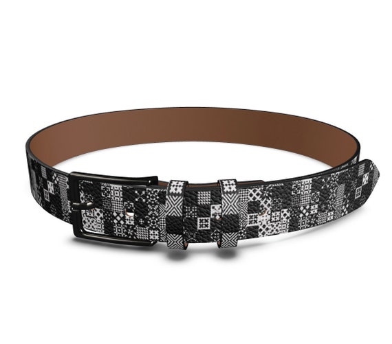 Geometric Print Leather Belt: Handmade Black and White Belt  display picture 3