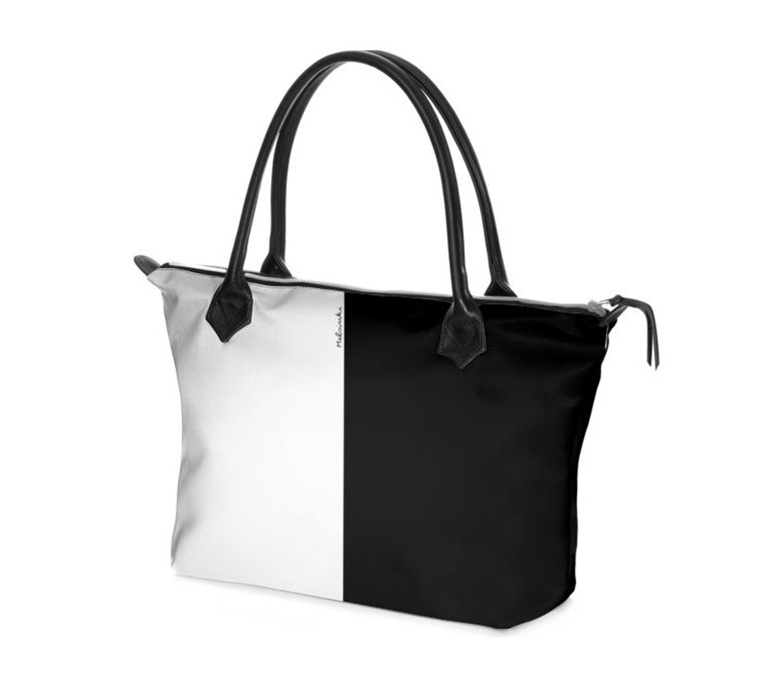 Black and White Leather Handbag, Handmade Leather Tote Bag With Zipper