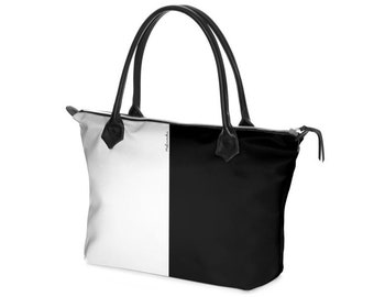 Schwarz-Weiße Leder Handtasche, Handgemachte Ledertasche mit Reißverschluss von Melsinki, Weekender Tasche #LAS