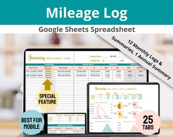 May include: A laptop and tablet computer screen displaying a Google Sheets spreadsheet titled "Mileage Log". The spreadsheet is designed to track mileage for business and personal trips. The spreadsheet includes a summary tab with charts and graphs. The spreadsheet is designed for use on mobile devices. The text "25 Tabs" is displayed on the tablet screen.