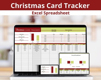 May include: A computer screen displaying a Christmas card tracker spreadsheet with a green and red color scheme. The spreadsheet includes columns for names, addresses, and whether cards have been sent or received. The spreadsheet also includes a chart showing the number of cards sent and received each year.