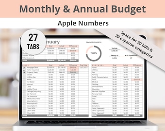 Monthly and Annual Budget Apple Numbers Spreadsheet, Bill Payment Tracker, Mac Finance Template