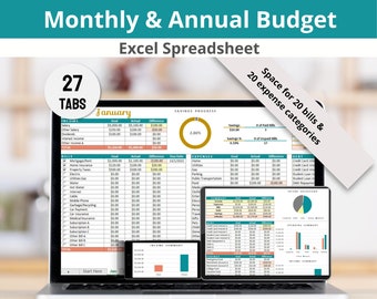 Monthly & Annual Budget Excel Spreadsheet - Income, Expense, Bill Payments, and Savings Tracker, Yearly Summaries