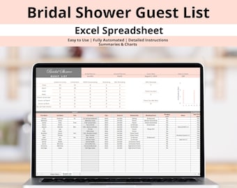 Bridal Shower Guest List Excel Spreadsheet Template for Tracking Guests, RSVPs, Invitations, Contact Details and Attendance