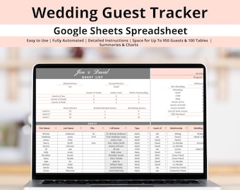 Plantilla de hoja de cálculo de Google Sheets para el seguimiento de la lista de invitados a la boda: registro de confirmaciones de asistencia, mesas, regalos y contactos (digital).