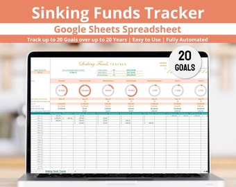 May include: A laptop computer displaying a Google Sheets spreadsheet titled "Sinking Funds Tracker". The spreadsheet is designed to help users track up to 20 financial goals over 20 years. The spreadsheet includes a section for contributions, withdrawals, and a progress bar for each goal.