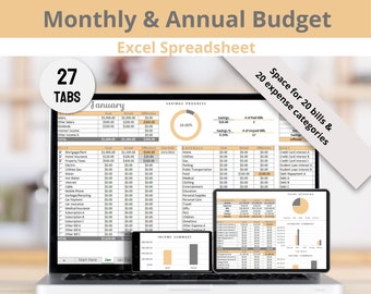 Monthly & Annual Budget Excel Spreadsheet Digital Template, Zero Based Budgeting, Expenses, Bills, Savings