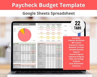 Paycheck Budget Planner Google Sheets | Monthly Budget by Paycheck Digital Spreadsheet Template | Paycheck Bill Tracker