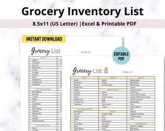 Editable Grocery Store List Printable PDF & Excel Template, Produce, Fruits, Vegetables, Shopping