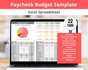 Op de afbeelding: Een laptopscherm dat een spreadsheet toont met een budgetsjabloon voor januari. De spreadsheet bevat secties voor inkomsten, uitgaven, schulden, besparingen en restbedrag. De spreadsheet is getiteld "Salarisbudgetsjabloon Excel-spreadsheet". Het scherm toont ook een cirkeldiagram met vier secties die zijn gelabeld met "Uitgaven", "Schulden", "Besparingen" en "Restbedrag". De laptop staat op een houten tafel. De afbeelding bevat ook een tekstvak met de titel "22 tabbladen" en een lijst met functies die zijn opgenomen in de spreadsheet, zoals "Uitgavenwerkblad", "Factuurtracker", "Wachtwoordtracker", "Tweewekelijkse trackers", "Gedetailleerde maandrapporten", "Inkomstenvoortgang", "Uitgavenvoortgang", "Schulden- en spaarvoortgang", "Vroegtijdige pensioenoverzicht".