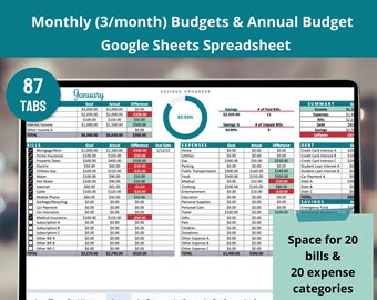 3 Monthly Budget Google Sheets Spreadsheets Planner Template, Plan and Track your 3 Budgets per Month Digitally, Includes an Annual Summary