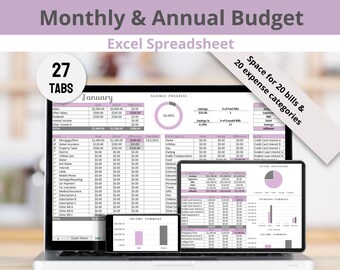 Simple Monthly Budget Annual Budget and Bill Tracker Excel Spreadsheet Template to Track your Household Budget Finances, Digital Download
