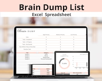 Planilha Excel para "Brain Dump" (Download Digital) - Modelo para Organizar Pensamentos, Ideias, Tarefas, Prioridades e Listas de Afazeres