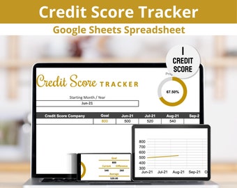 May include: A laptop computer screen displaying a Google Sheets spreadsheet titled "Credit Score Tracker". The spreadsheet includes a table with columns for "Credit Score Company", "Goal", "Jun-21", "Jul-21", "Aug-21", and "Sep-21". A smaller screen shows a line graph with the title "Goal" and the months "Jun-21", "Jul-21", "Aug-21", and "Sep-21" along the x-axis. The graph shows a line trending upwards from 500 to 540.