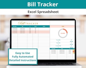 Monthly Bill Tracker Planner Excel Spreadsheet | Log and Organize Your Bills, Due Dates and Payments Monthly | Editable Digital Download