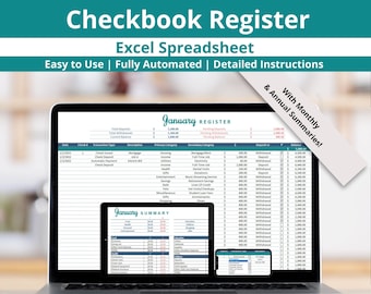 Checkbook Register Excel Spreadsheet - Bank Transaction Tracker with Running Balance, Monthly & Annual Summaries