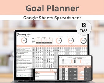 Goal Planner Google Sheets Spreadsheet, Digital Goal Tracker (Daily, Weekly & Monthly Goals with Yearly Summary) for Goal Setting/Planning