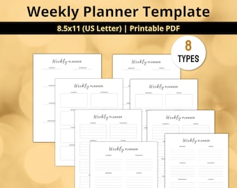May include: Eight printable weekly planner templates in different styles. Each template is 8.5 inches by 11 inches and designed for US Letter size paper. The templates feature a simple, clean design with lines for writing tasks and appointments.