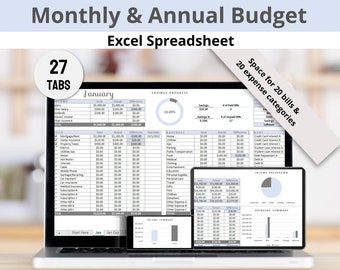 Plantilla de hoja de cálculo de Excel para presupuestos mensuales y anuales, facturas, gastos, ingresos y finanzas personales (digital).