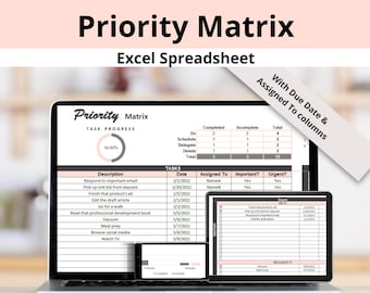 Task Priority Matrix Planner using the Urgent-Important Quadrants Eisenhower Method to Action Decisions, Digital Excel Spreadsheet Template