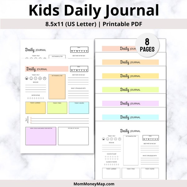 Kids Daily Journal | Printable Kids Journal | DIY Journal Pages | Diary For Children For Reflection and Gratitude | PDF Digital Download