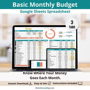 May include: A laptop screen displays a "Basic Monthly Budget" spreadsheet with income, bills, and expenses. The spreadsheet is color-coded and includes charts. The text "Know Where Your Money Goes Each Month" is below the laptop.