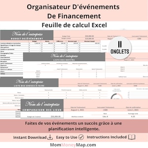 May include: A spreadsheet template for event planning, featuring sections for budgeting, guest lists, to-do lists, and venue comparisons. The document includes the text "Organisateur D'événements De Financement" and "Feuille de calcul Excel". The template is designed for easy use.