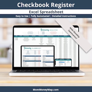 Checkbook Register with Monthly Summaries Excel Spreadsheet Template, Digital Account Transaction Tracker Template, Check Register Ledger