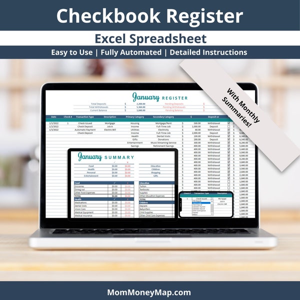 Checkbook Register with Monthly Summaries Excel Spreadsheet Template, Digital Account Transaction Tracker Template, Check Register Ledger