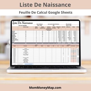 May include: A laptop displaying a Google Sheets document titled "Liste De Naissance" (Birth List). The spreadsheet is a checklist for baby items, with columns for items, quantities, and costs. The website MomMoneyMap.com is visible at the bottom.