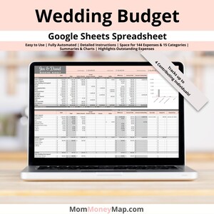 May include: A laptop computer displaying a Google Sheets spreadsheet titled "Jen & David Wedding Budget". The spreadsheet is designed to help couples track wedding expenses and contributions from multiple individuals. The spreadsheet includes categories for various wedding expenses, such as attire, photography, venue, and catering.