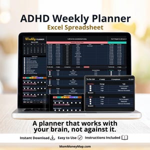 May include: A laptop displaying an ADHD Weekly Planner Excel spreadsheet. The screen shows a detailed schedule with sections for tasks, energy levels, and habit tracking. The text on the screen includes "To Do List" and "Habit Tracker."