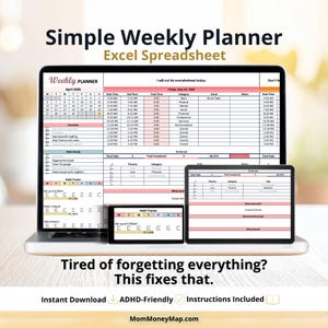 May include: A laptop, tablet, and smartphone show a digital weekly planner spreadsheet. The planner includes sections for tasks, priorities, and a habit tracker. Text on the screen reads "Simple Weekly Planner Excel Spreadsheet" and "Tired of forgetting everything? This fixes that."