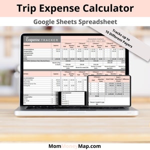 May include: A laptop computer displaying a Google Sheets spreadsheet titled "Trip Expense Calculator". The spreadsheet is designed to track expenses for a trip with multiple people, including accommodations, transportation, food, entertainment, and other expenses. The spreadsheet includes columns for each person's paid amount, absorbed amount, and owed amount. The spreadsheet also includes a summary section with totals for each expense category.