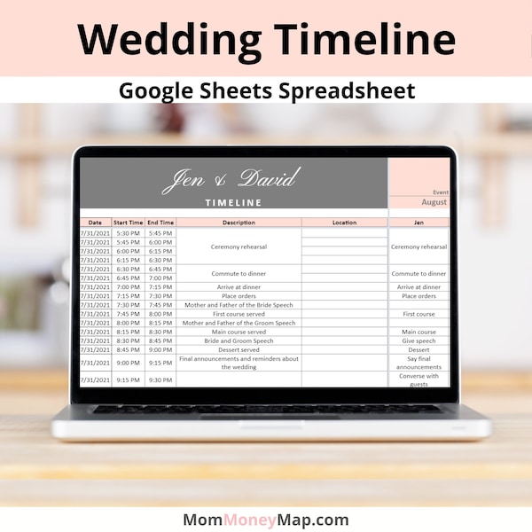 Wedding Day Timeline Schedule Google Sheets Spreadsheet | Wedding Agenda with Roles To Stay Organized! | Wedding Day Itinerary and Runsheet