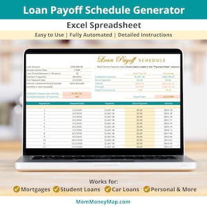 May include: A laptop displays a loan payoff schedule generated in Excel. The screen shows loan details, payment dates, and interest calculations. Text on the screen includes "Loan Payoff Schedule Generator" and "Easy to Use | Fully Automated | Detailed Instructions."