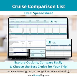 May include: A laptop and two tablets displaying a cruise comparison list in an Excel spreadsheet format. The screens show data tables and charts. Text includes "Cruise Comparison List" and "Explore Options, Compare Easily & Choose the Best Cruise for Your Trip!"