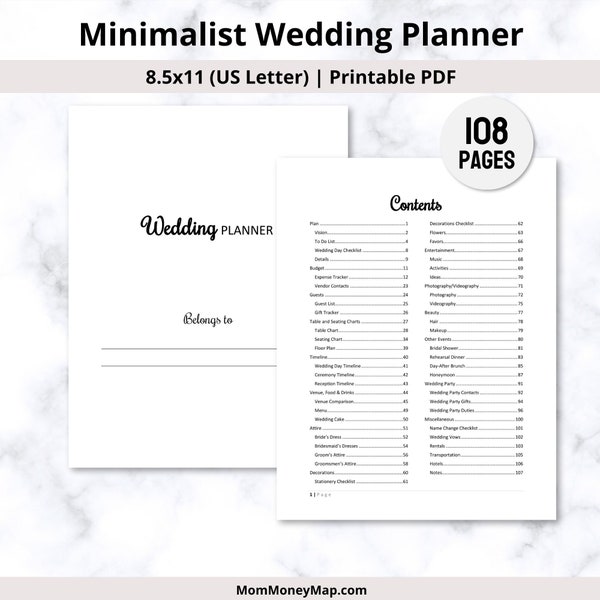 Hochzeitsplaner Printable PDF | Minimalistisches Hochzeitsbuch Journal | Hochzeit Planer Binder Personalisierte Vorlage | Digitaler Download