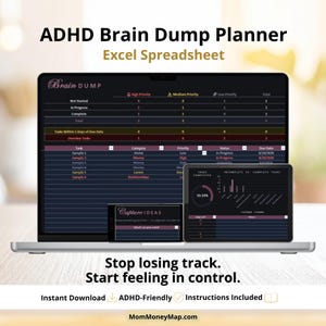 May include: A laptop displaying an ADHD Brain Dump Planner Excel spreadsheet. The screen shows a task list with categories, priorities, and due dates. The image also includes a tablet and a smartphone with related data and the text "Capture IDEAS".