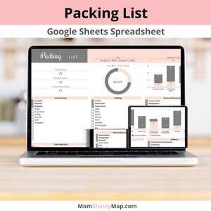 Travel Packing List Template for Vacation, Holiday Packing Checklist with Travel Essentials like Clothing, Digital Google Sheets Spreadsheet