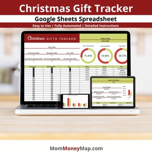 May include: A laptop computer screen displaying a Google Sheets spreadsheet titled "Christmas Gift Tracker". The spreadsheet includes a list of gifts, their status, and a budget tracker. The spreadsheet is designed to help users track their Christmas gift shopping and spending.