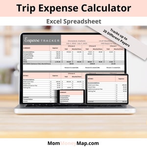 May include: A laptop computer screen displaying a spreadsheet titled "Trip Expense Calculator" with a pink and white background. The spreadsheet is designed to track expenses for a trip to Disneyland, Anaheim, from July 1, 2023 to July 7, 2023. The spreadsheet includes columns for expenses, paid amounts, and absorbs/owes amounts for three different people. The spreadsheet also includes a summary of the total expenses for each category, such as accommodations, transportation, food and drinks, entertainment, and other. The spreadsheet is designed to help people track their expenses and ensure that everyone pays their fair share.