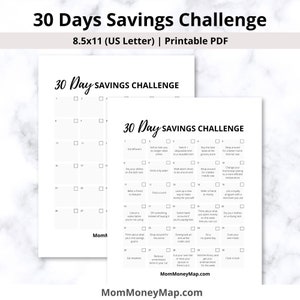 Könnte beinhalten: Eine druckbare 30-Tage-Spar-Challenge-Checkliste mit einem Schwarzweiß-Design. Die Checkliste enthält Tipps zum Geldsparen, wie z. B. Reste essen, Artikel verkaufen, die Sie nicht mehr online benötigen, und auf ein wiederverwendbares Produkt umsteigen. Die Checkliste ist als Kalender mit 30 Tagen formatiert.