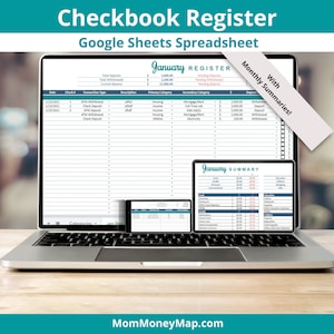 Checkbook Register with Monthly Summary Google Sheets Spreadsheet, Digital Transaction Register Log Template for your Bank Accounts & Ledger