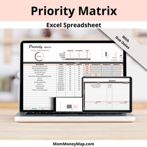 May include: A computer screen displaying a spreadsheet with the title "Priority Matrix Excel Spreadsheet". The spreadsheet is a task management tool with columns for task description, date, important, urgent, do it, schedule it, delegate it, delete it, and completed. The spreadsheet is 38.4% complete.