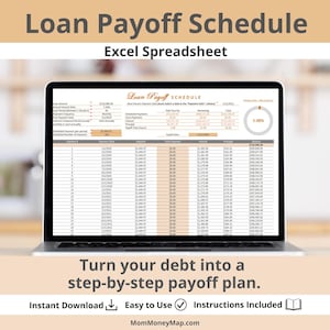 Puede incluir: Una computadora portátil muestra una hoja de cálculo de Excel "Loan Payoff Schedule". La pantalla muestra datos financieros, incluidas las fechas de pago, los pagos adicionales y los saldos de capital. El texto "Turn your debt into a step-by-step payoff plan" está debajo.