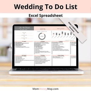 May include: A laptop computer screen displaying a wedding to-do list spreadsheet in an Excel format. The spreadsheet is divided into sections for different timeframes, such as 12 months, 6-3 months, 1-2 months, and 2 weeks to 1 month. Each section includes a checklist of tasks to be completed for wedding planning. The spreadsheet also includes a progress bar showing the percentage of tasks completed. The title of the spreadsheet is "Wedding To Do List Excel Spreadsheet".